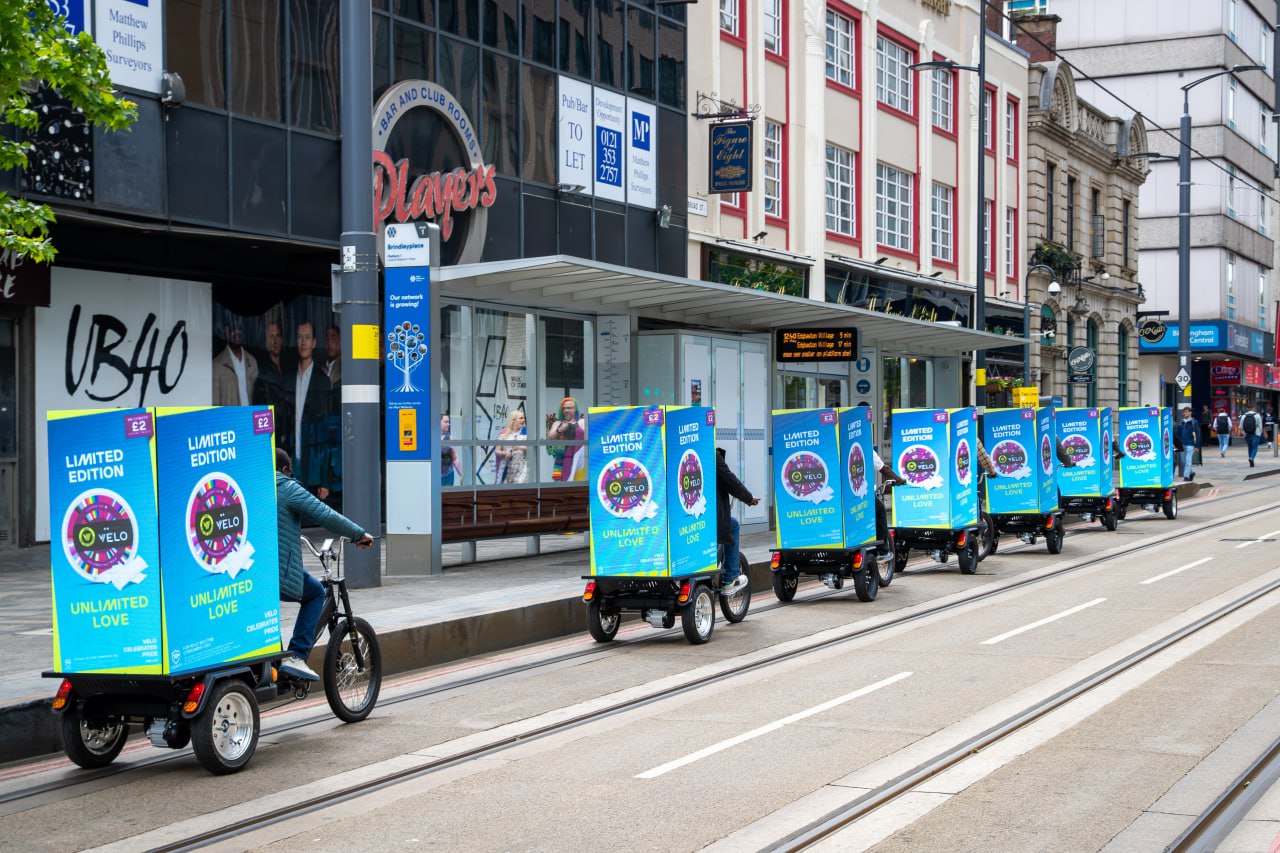 Velo AdBike fleet riding through Birmingham city centre
